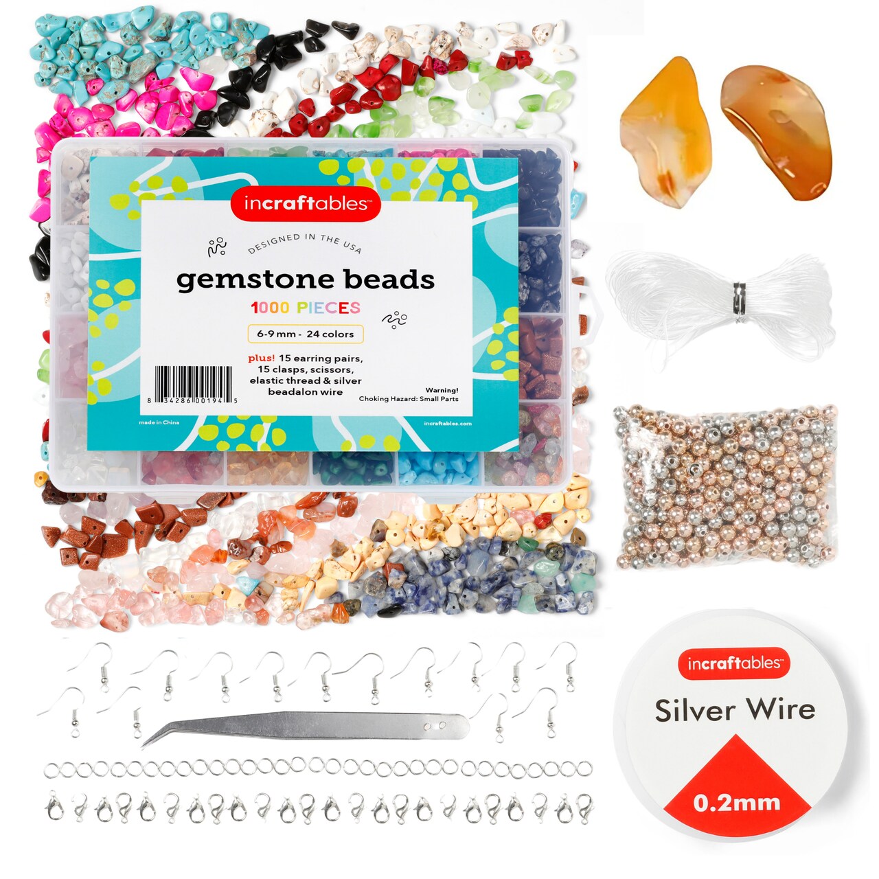 Incraftables 1000pcs Crystal Gemstone Beads for Jewelry Making (24 Colors). Best Natural Stone Chips Kit with Spacer Bead, Silver Wire, Elastic String, Earrings & Organizer for DIY Crafts & Bracelet